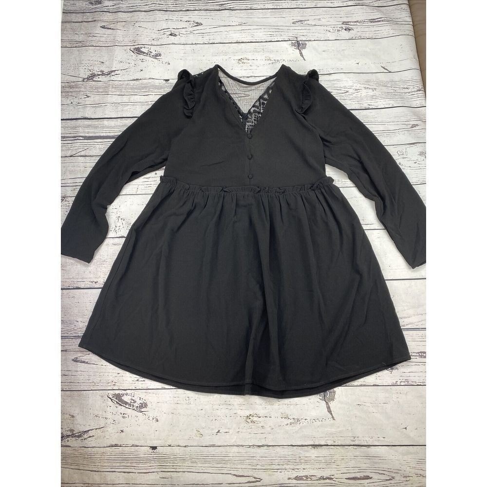 ANDREE BY UNIT Black Lace Trim Ruffle V Neck Long Sleeve Fit Flare Dress Size S